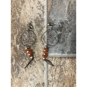 Dreamcatcher Clip On Earrings Orange Stone Feather Charm